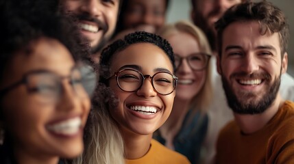 Fototapeta premium Diverse and inclusive group of office colleagues smiling at a team building workshop event, workplace race inclusion and diversity concept 