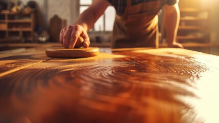 A close-up shot of a skilled craftsman polishing a wooden table with a smooth, circular motion. The sunlight filters in from a nearby window, casting a warm glow over the polished wood, highlighting