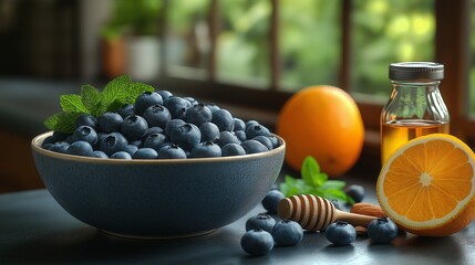 Fresh bowl of blueberries with mint, orange, honey, and almonds, creating a vibrant, healthy breakfast scene in a bright kitchen with natural sunlight