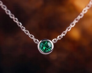 Fototapeta premium Silver necklace with a small round emerald gemstone, minimalist design with glowing reflections, softly illuminated, Minimalism, Digital Art