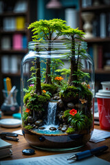 A hyper-realistic portrait, photorealistic photo close-up image ofA close-up portrait of a miniature forest ecosystem thriving inside an ordinary glass jar on a cluttered office desk. The jar, usually