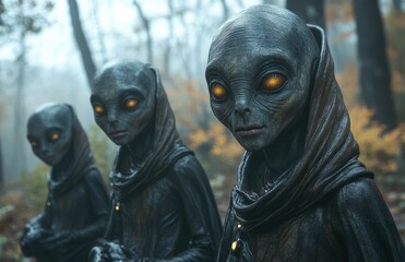 Grey aliens attempt to abduct unsuspecting individuals in a foggy forest at night near their ships