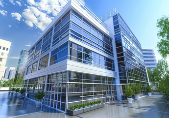 Large glass building with a green roof and a courtyard in front of it. The building is surrounded by trees and has a modern design