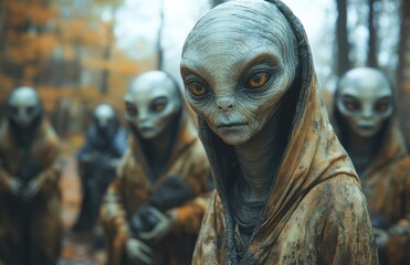 Grey aliens attempting to abduct individuals in a mysterious wooded area during a foggy twilight