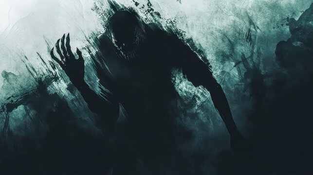 Scary monster emerging from darkness reaching forward