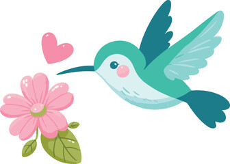 Obraz premium cute green blue hummingbird hovering near a flower on a white background 