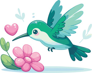 cute green blue hummingbird hovering near a flower on a white background 