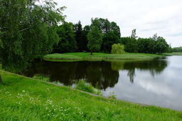 Fototapeta premium Scenic lake surrounded by lush green trees and grass with reflections on the water