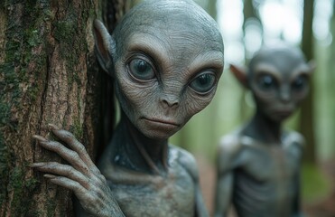 Grey aliens hiding in the woods, observed in a quiet forest during an unknown time, with one alien looking directly at the camera