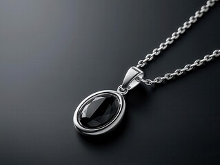 Sleek silver necklace with a small black onyx gemstone, encased in a minimalist frame, glowing gently, Modern, 3D Render