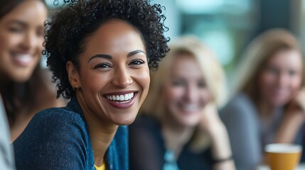 Obraz premium Diverse and inclusive group of office colleagues smiling at a team building workshop event, workplace race inclusion and diversity concept 