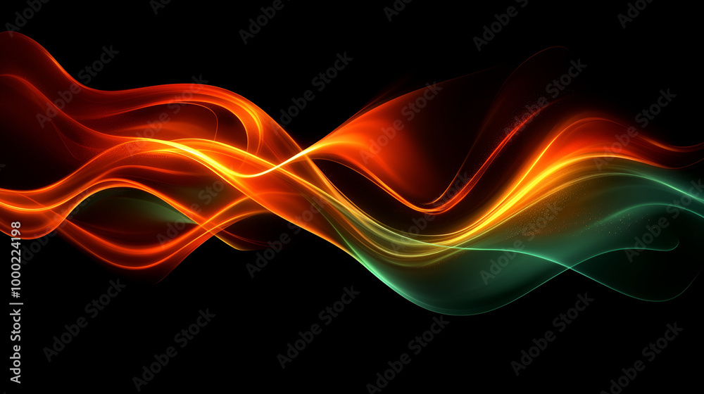 Poster vibrant abstract waves of orange, red, and green create a dynamic visual display in a dark backgroun