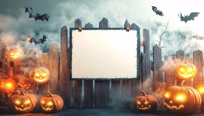 Empty Halloween poster display hanging in a spooky wood, showcasing a creative advertising display mockup in a festive atmosphere. Perfect for capturing seasonal spirit and promotions.