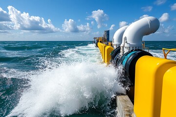 Ocean waves crashing against a tidal energy station, harnessing the power of the sea to generate clean, renewable energy