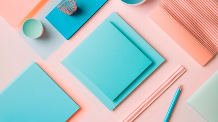Flat Lay of Stationery on Pastel Background