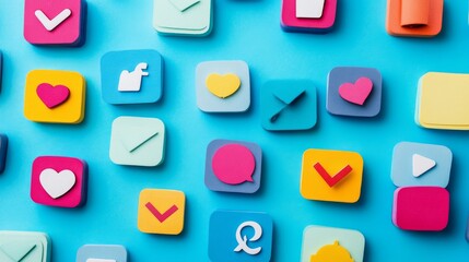 Speech bubbles and like icons representing brand ambassadors or influencer marketing strategies. 