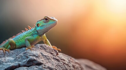 Fototapeta premium Colorful lizard perched on a rock during sunset, showcasing vibrant colors in a serene environment.