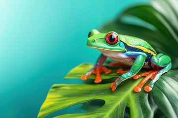 Naklejka premium Colorful red-eyed tree frog sitting on vibrant green foliage.