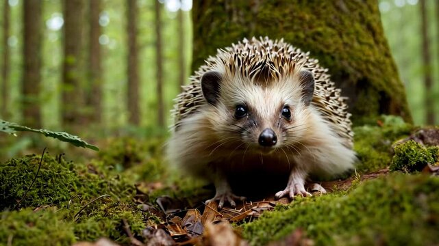 Scared wild hedgehog backing away in the forest. Summer animal wildlife watching footage for animalistic video. Realistic shot at woods landscape with mammal.
