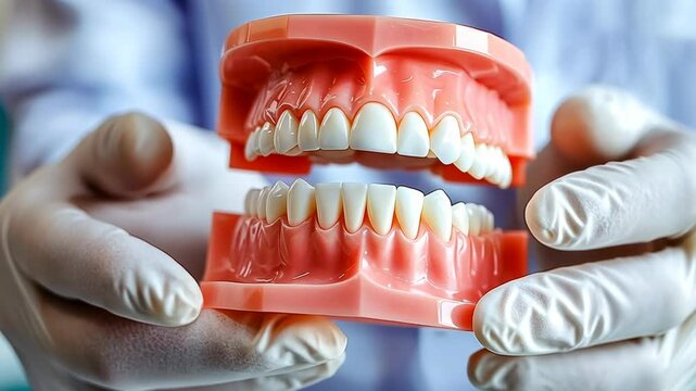 A dentist wearing gloves holds a denture model, demonstrating dental care techniques. The detailed model shows both upper and lower teeth. The scene is likely set in a clinic during the day, with a