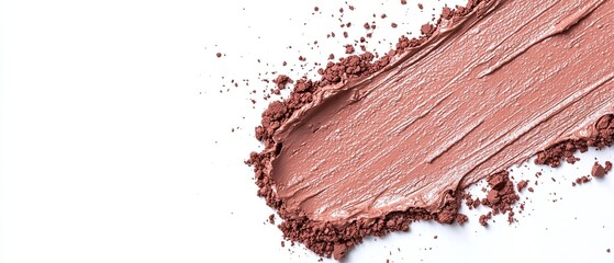 Close-up of a smooth, pink makeup swatch with powder and white background.