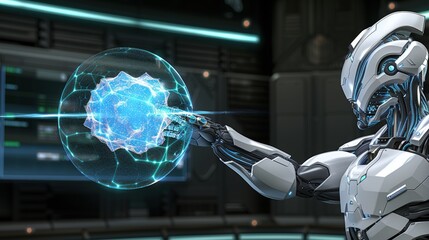 Futuristic AI Robot and Holographic Interaction