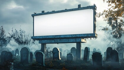 Spooky graveyard billboard mockup featuring blank advertising display perfect for Halloween promotions and themed events.