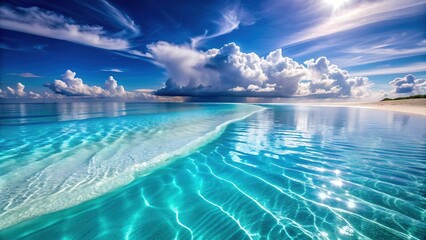 Fototapeta premium Beautiful Tropical Beach with Golden Sand and Crystal Clear Ocean Water, A Serene Coastal Paradise Perfect for Digital Graphic Design Projects and Backgrounds