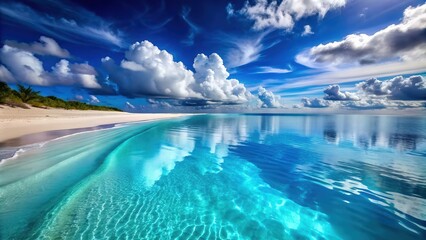 Fototapeta premium Beautiful Tropical Beach with Golden Sand and Crystal Clear Ocean Water, A Serene Coastal Paradise Perfect for Digital Graphic Design Projects and Backgrounds