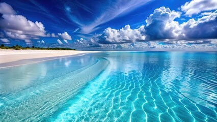 Beautiful Tropical Beach with Golden Sand and Crystal Clear Ocean Water, A Serene Coastal Paradise Perfect for Digital Graphic Design Projects and Backgrounds