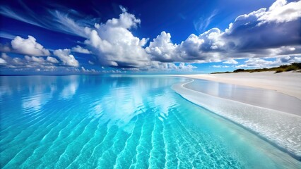 Obraz premium Beautiful Tropical Beach with Golden Sand and Crystal Clear Ocean Water, A Serene Coastal Paradise Perfect for Digital Graphic Design Projects and Backgrounds