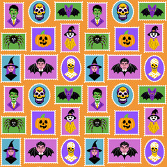 Seamless postage stamp pattern with characters for the Halloween holiday.