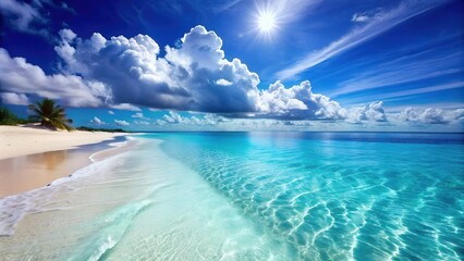 Beautiful Tropical Beach with Golden Sand and Crystal Clear Ocean Water, A Serene Coastal Paradise Perfect for Digital Graphic Design Projects and Backgrounds