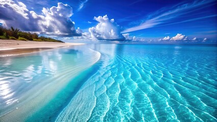 Fototapeta premium Beautiful Tropical Beach with Golden Sand and Crystal Clear Ocean Water, A Serene Coastal Paradise Perfect for Digital Graphic Design Projects and Backgrounds