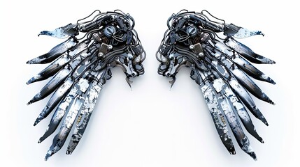 A pair of cyber punk mechanical metal wings isolated on white background, grunge style