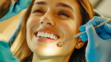 A young Caucasian woman smiles brightly as a professional dentist examines her teeth. They are in a well-lit clinic. The mood is relaxed and comfortable, as the dentist uses tools to check her dental