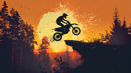 Silhouette of Motocross Rider Jumping over Cliff at Sunset