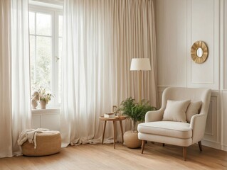 Fototapeta premium Modern Scandinavian home interior design features an elegant living room featuring a comfortable sofa, mid-century furniture, a cozy rug, wooden floor, white walls and houseplants.