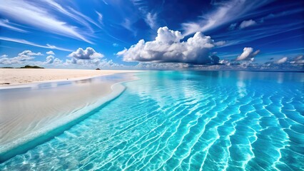 Beautiful Tropical Beach with Golden Sand and Crystal Clear Ocean Water, A Serene Coastal Paradise Perfect for Digital Graphic Design Projects and Backgrounds