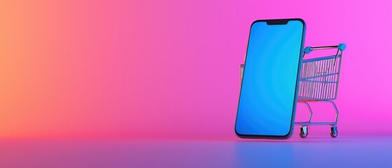 Shopping cart with smartphone on vibrant gradient background.