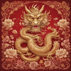 Majestic Golden Chinese Dragon Amidst Vibrant Red Floral Fantasy