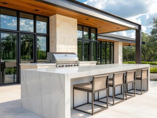 Minimalist outdoor kitchen with marble countertops, stainless steel fixtures, and clean lines, modern design, elegant outdoor space