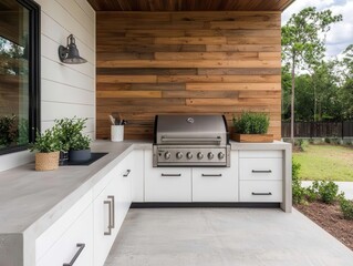 Outdoor kitchen with white concrete countertops, wood accents, and a built-in grill for a functional, modern space, modern design, outdoor living