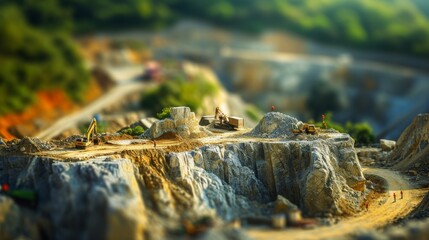 Tilt-shift effect captures a bustling mining site with excavators digging into the rocky landscape. The scene appears miniature, offering a unique perspective on industrial operations in a quarry.