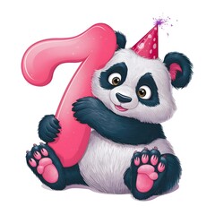 illustration of a cuddly cartoon panda bear celebrating its seventh birthday
