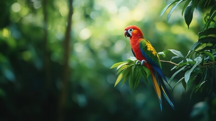 Vibrant parrot perched on a branch in lush green foliage.