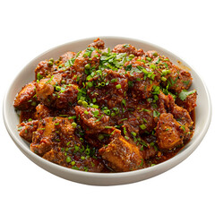 Fototapeta premium Tasty spicy chicken curry garnished with herbs, presented in a white bowl, ideal for food photography and cooking projects