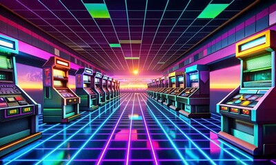 Vibrant retro arcade with neon lights and vintage gaming machines, colorful 80s style, copy space
