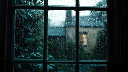 Raindrops trickling down a window, revealing a gloomy, overcast day outside. The scene evokes a cozy and peaceful mood indoors, perfect for relaxation and reflection.