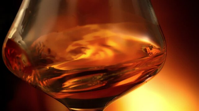 Super Slow Motion Detail Shot of Swirling Golden Alcohol in Glass at 1000fps.